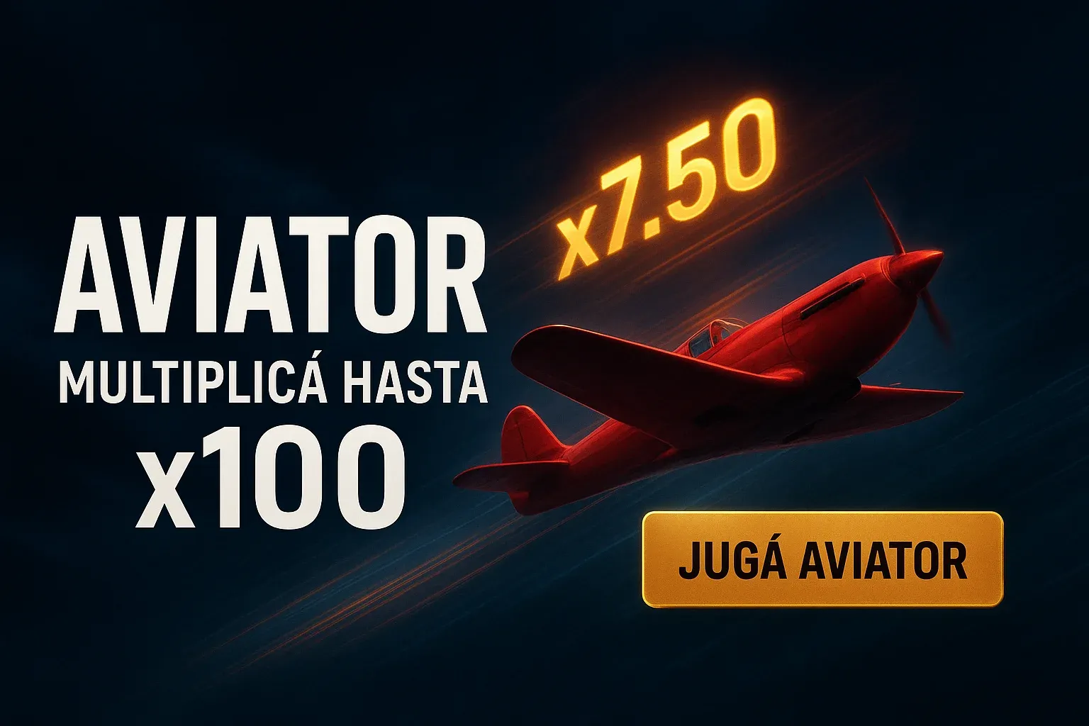 Banner de casino Aviator con avión rojo y multiplicador x7.50 brillante