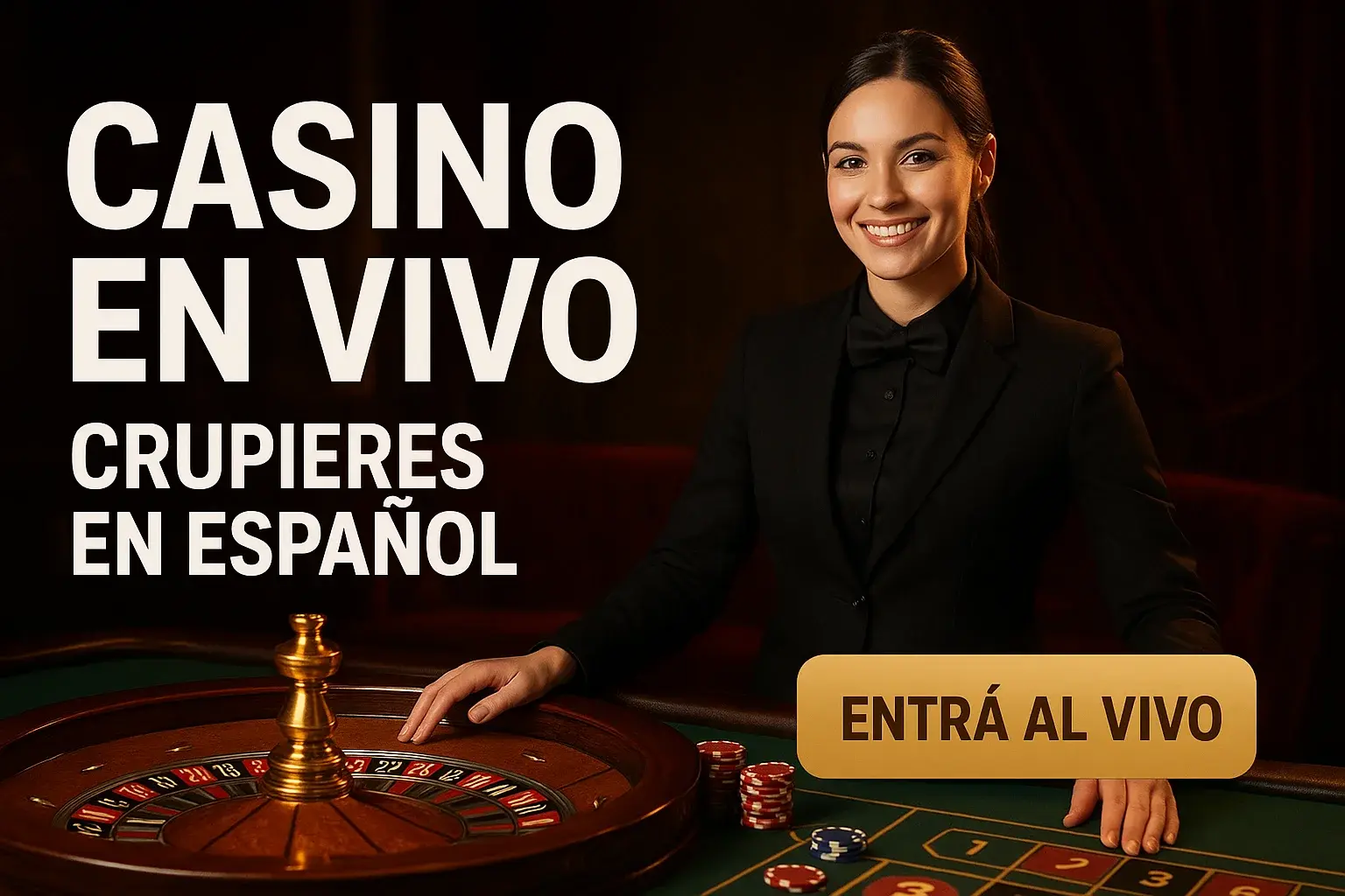 Banner de casino en vivo con crupier en español y ruleta