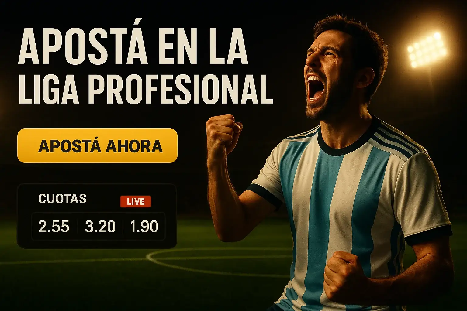 Banner de apuestas con hincha argentino y cuotas en cancha iluminada
