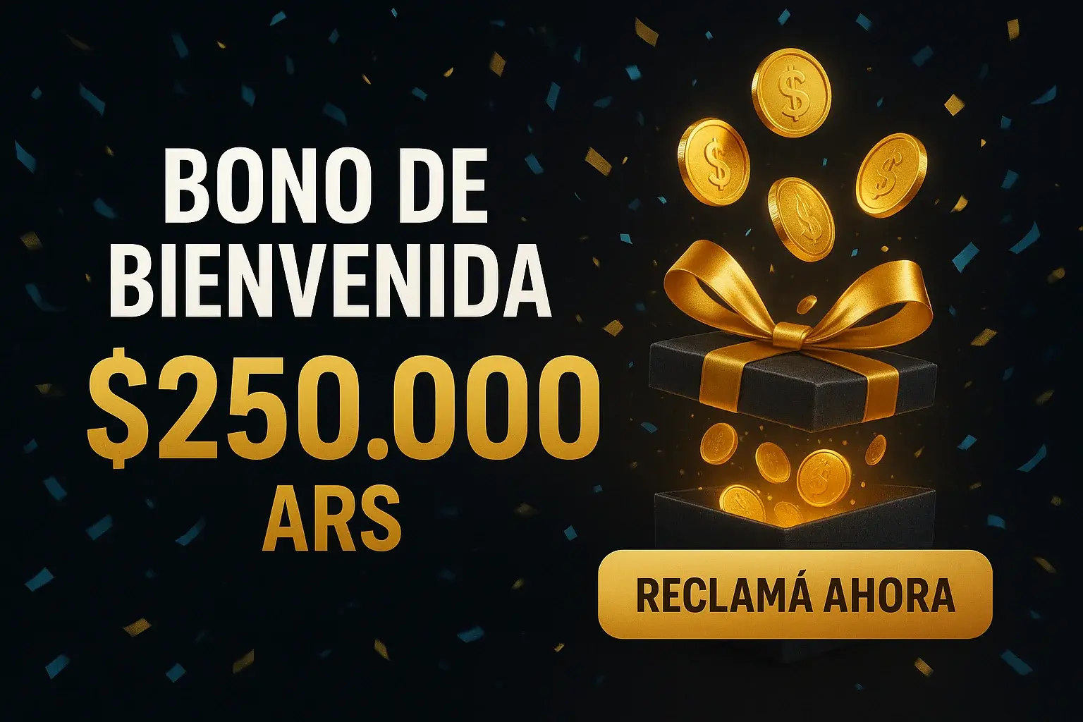 Banner de casino con bono de bienvenida $250.000 ARS y botón Reclamá Ahora